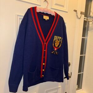 Vintage Authentic Gucci Alien Mascot Oversized Navy Blue Cardigan Mohair Cotton